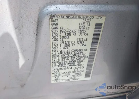 2007 Nissan Frontier Le z USA, uszkodzony, nr VIN 1N6AD07U07C436760